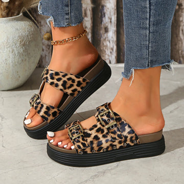 Xajzpa Low Leopard Shoes Slippers Women Summer Big Size Platform Slides Pantofle 2025 PU Fabric Buckle Strap Rome Rubber Hoof Heels